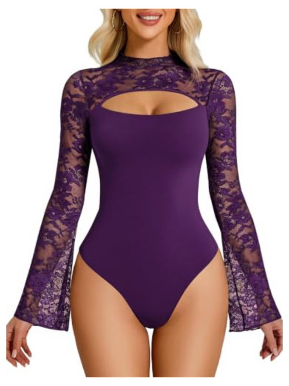 Lace Cutout Front Mock Neck Bodysuit Bell Long Sleeve Top